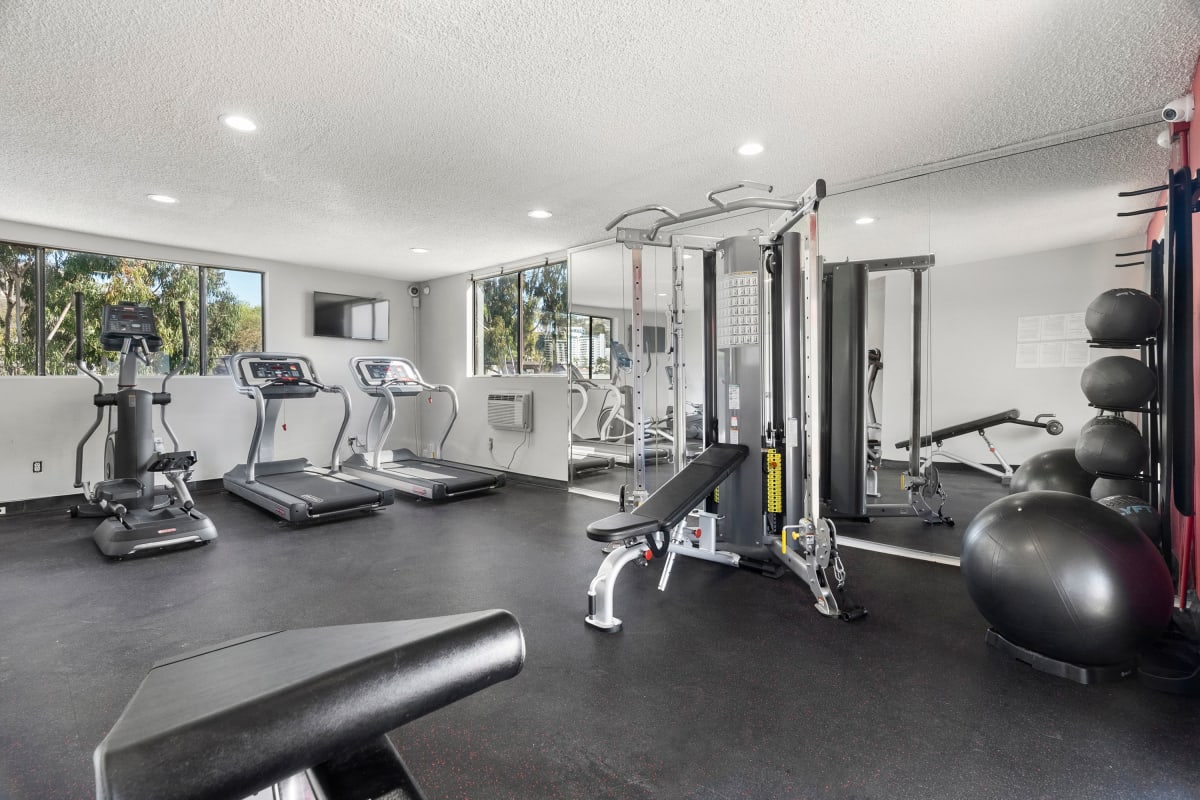 Well equipped fitness center at Villa Esther, West Hollywood, California