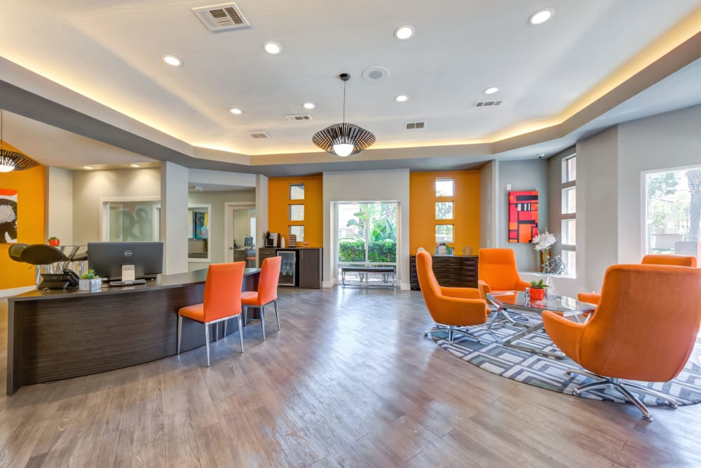 Stay connected in the community business center at Tuscany Village Apartments in Ontario, California