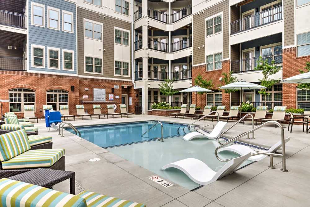 Pool with lounge seating at Cedar Flats in Charlotte, North Carolina