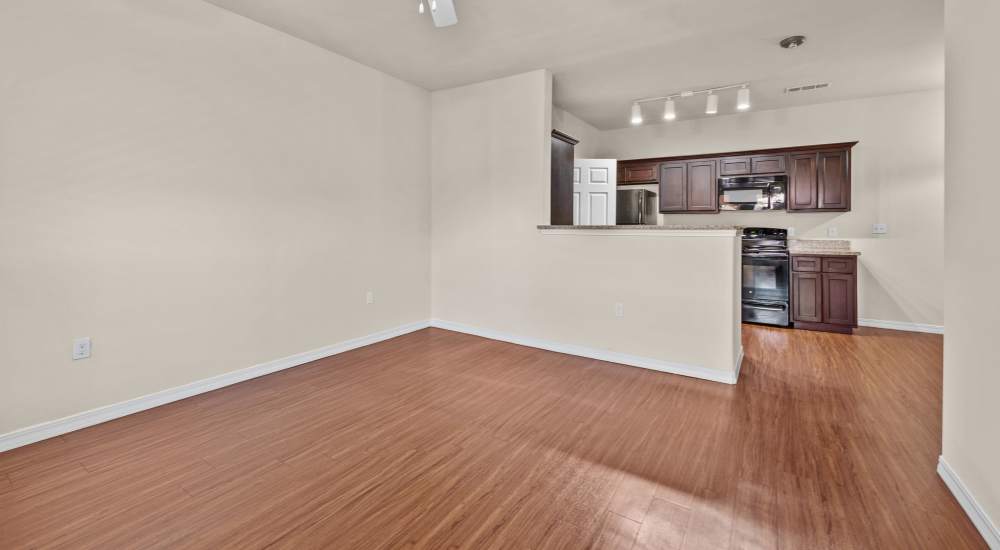 View of the kitchen from the liivng room at Las Torres Apartments in El Paso, Texas