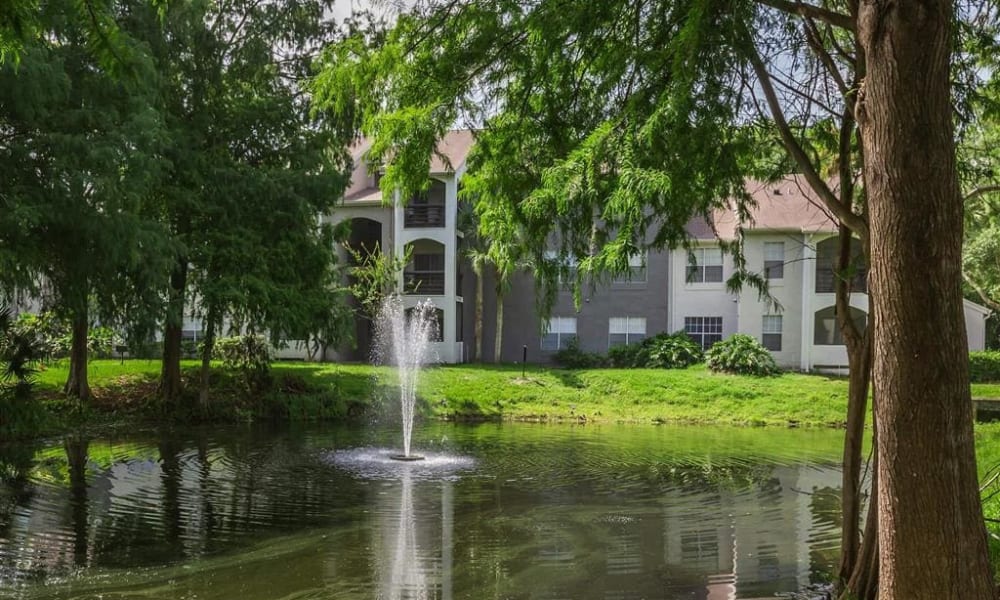 A water feature in the community pond at The Granite at Porpoise Bay in Daytona Beach, Florida