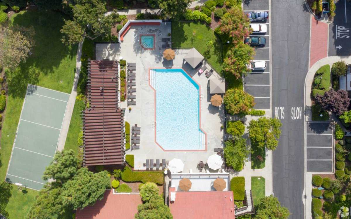 Outdoor swimming pool aerial view at Ardenwood Forest Rental Condominiums in Fremont, California