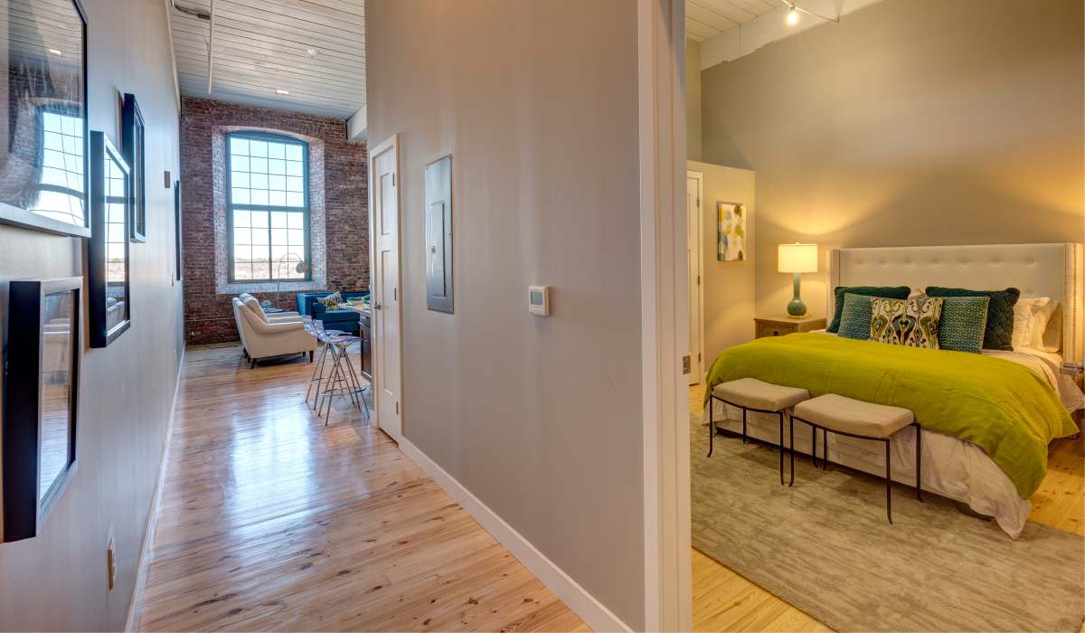 New large window with brick wall background at Commonwealth Landing Lofts in Fall River, Massachusetts