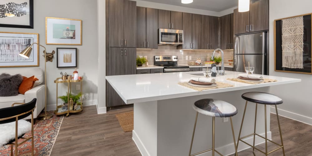 Large kitchen with dark cabinets and stainless steel appliances at Domain at Founders Parc in Euless, Texas