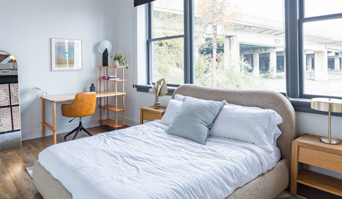 Bright bedroom at Lofts at Abrams Fixtures in Atlanta, Georgia