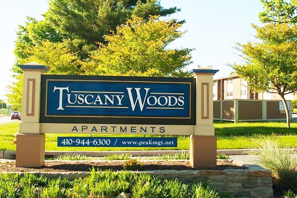 Sign at the entrance of Tuscany Woods Apartments in Windsor Mill, Maryland