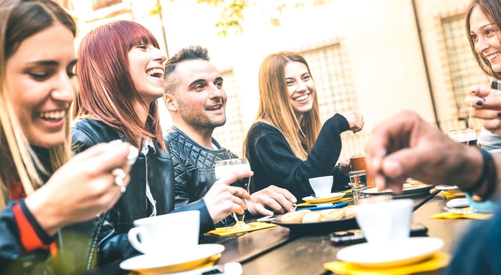 Residents gather for coffee and breakfast near Adara at SeaTac in S SeaTac, Washington