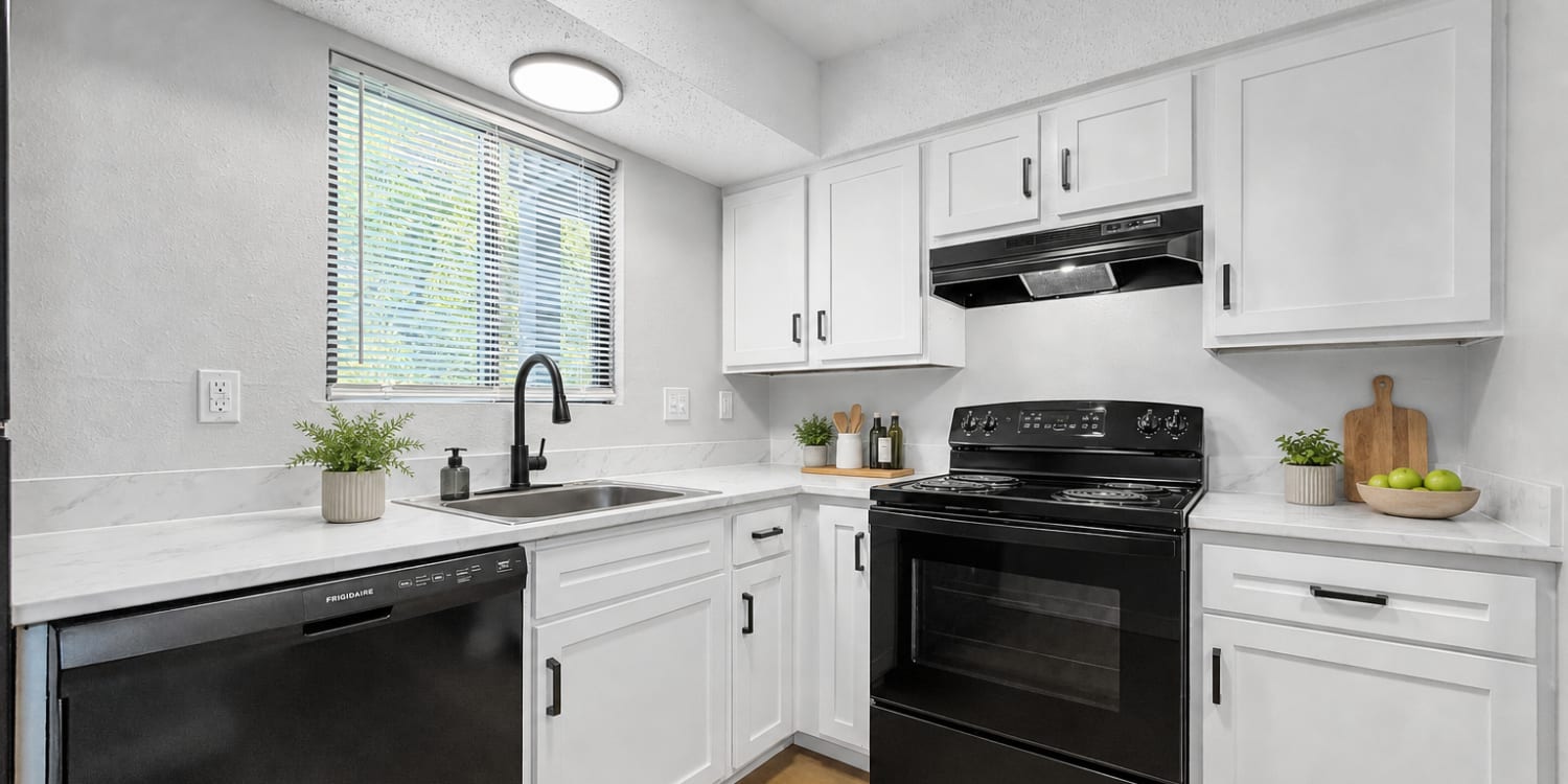 Modern kitchen with black appliances at Rock Ridge Commons in Moline, Illinois