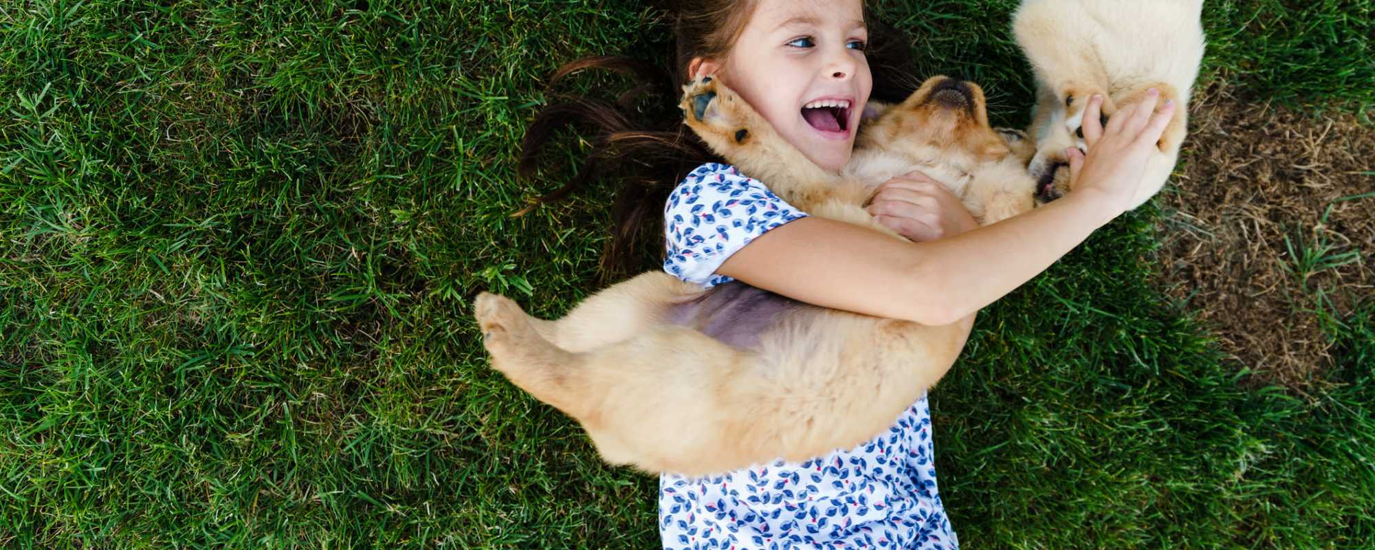 Resident playing with puppies outside apartment at ARTISAN Management Group in Des Moines, 