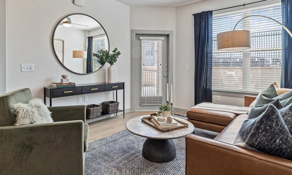 Bright living room at Main and Mill in Lewisville,Texas