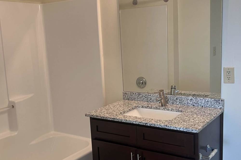 Apartment bathroom with vanity and storage space at Brentwood Chase in Gastonia, North Carolina