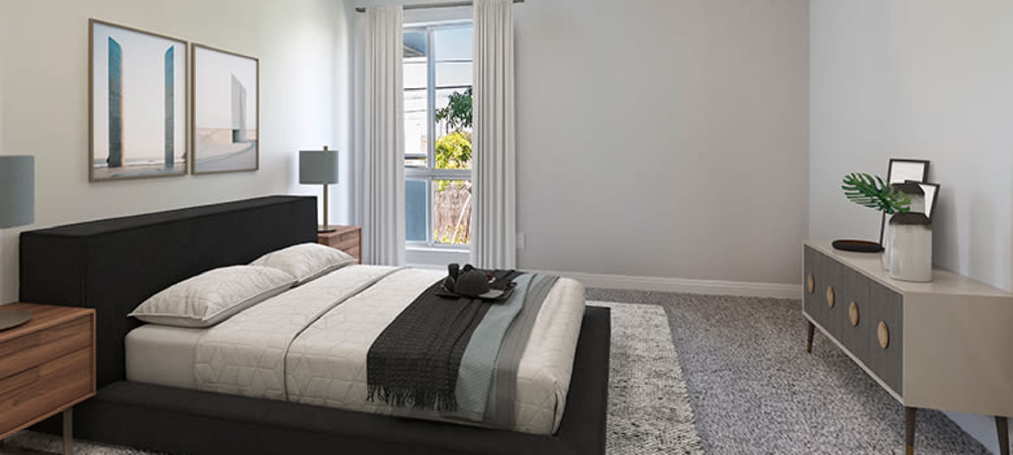 Model bedroom in an apartment at Westside Terrace, Los Angeles, California