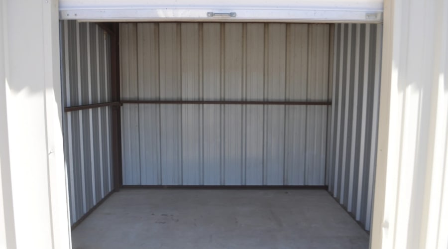 A storage unit filled with boxes at KO Storage in Granbury, Texas