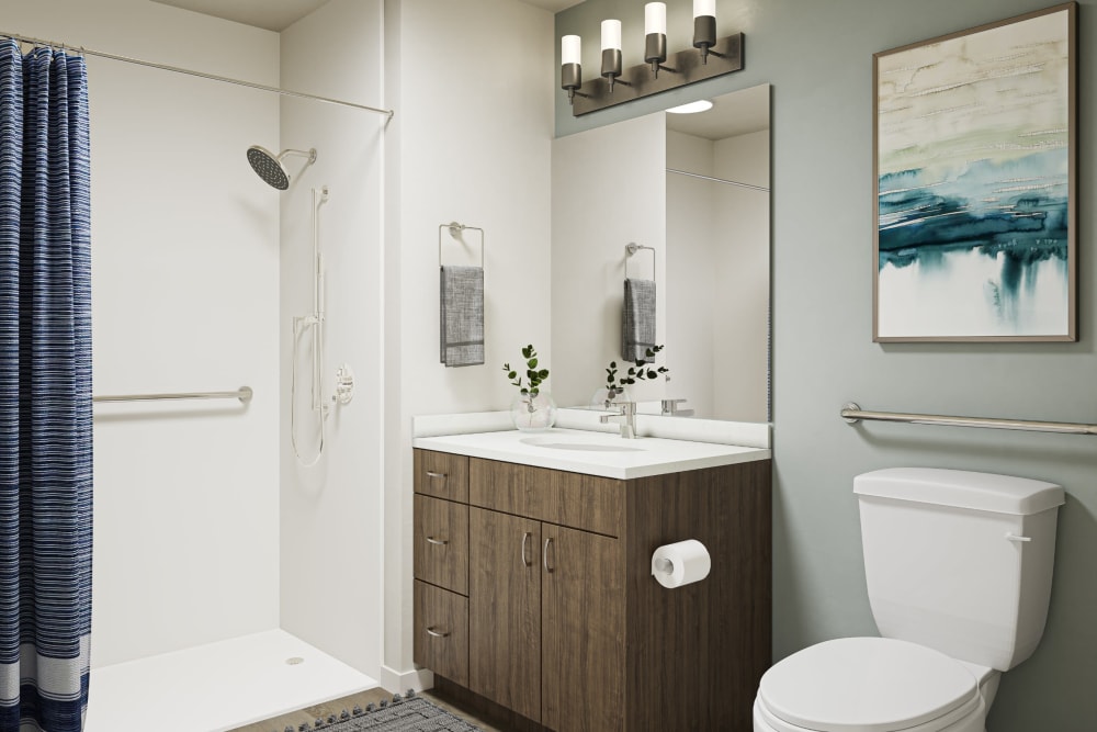 Modern model bathroom at Holden of Bellevue in Bellevue, Washington