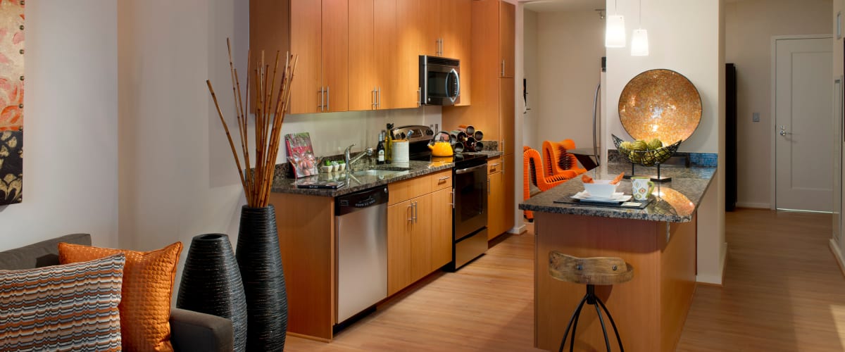 Modern kitchen with bright orange accents and wood cabinets at Solaire 1150 Ripley in Silver Spring, Maryland