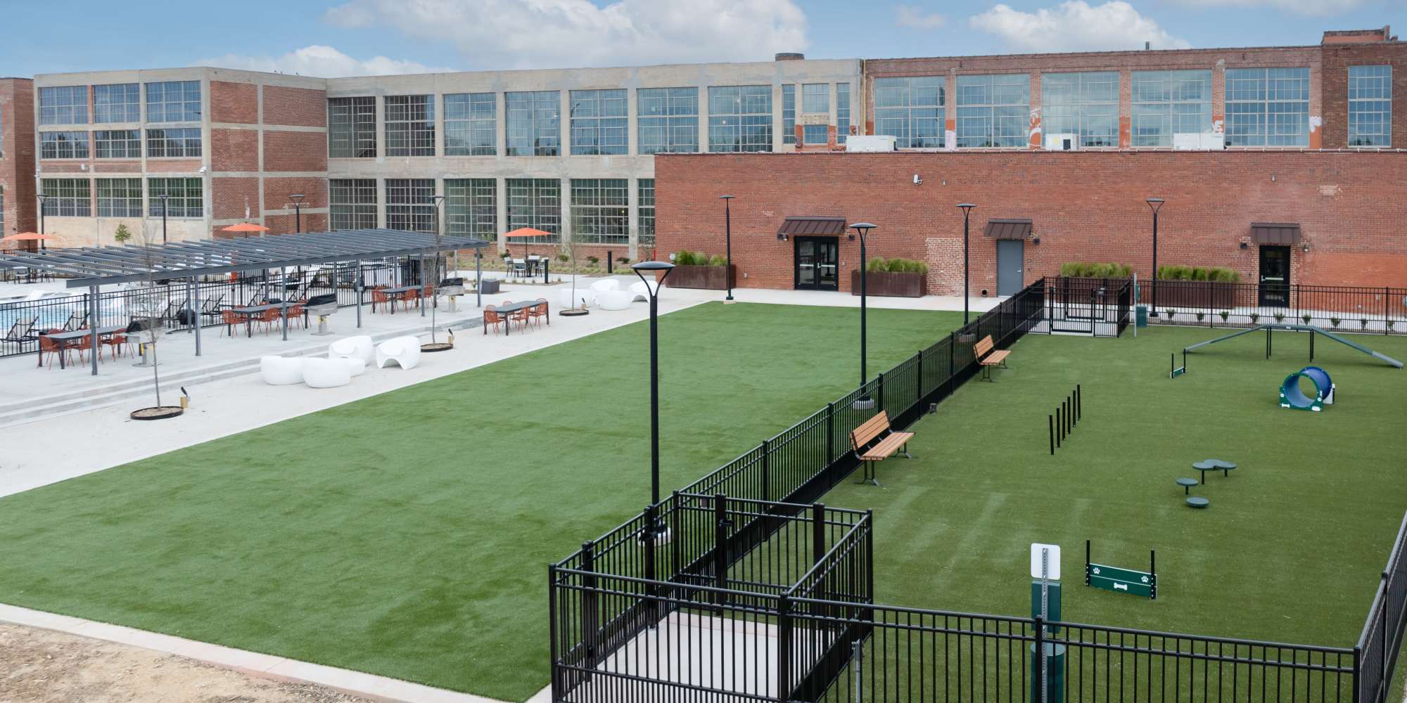 Aerial view of dog park at Mojud Lofts in Greensboro, North Carolina