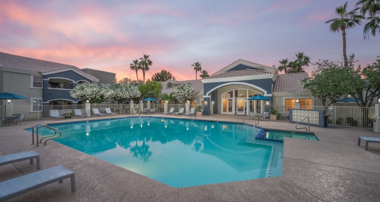 Beautiful swimming pool at night at The Sterling in Gilbert, Arizona