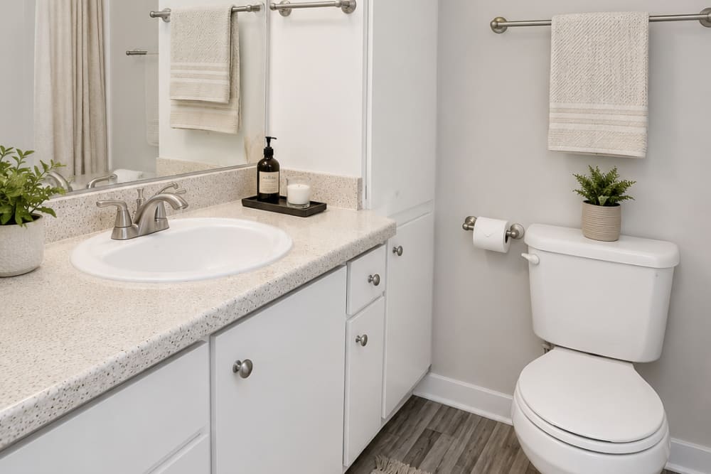 Bathroom vanity with sink, mirror, towel bars, and toilet in clean white layout at The Everette in Rocklin, California