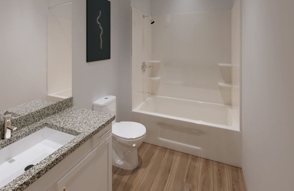 Modern apartment bathroom at The Flats at East Bay in Fairhope, Alabama