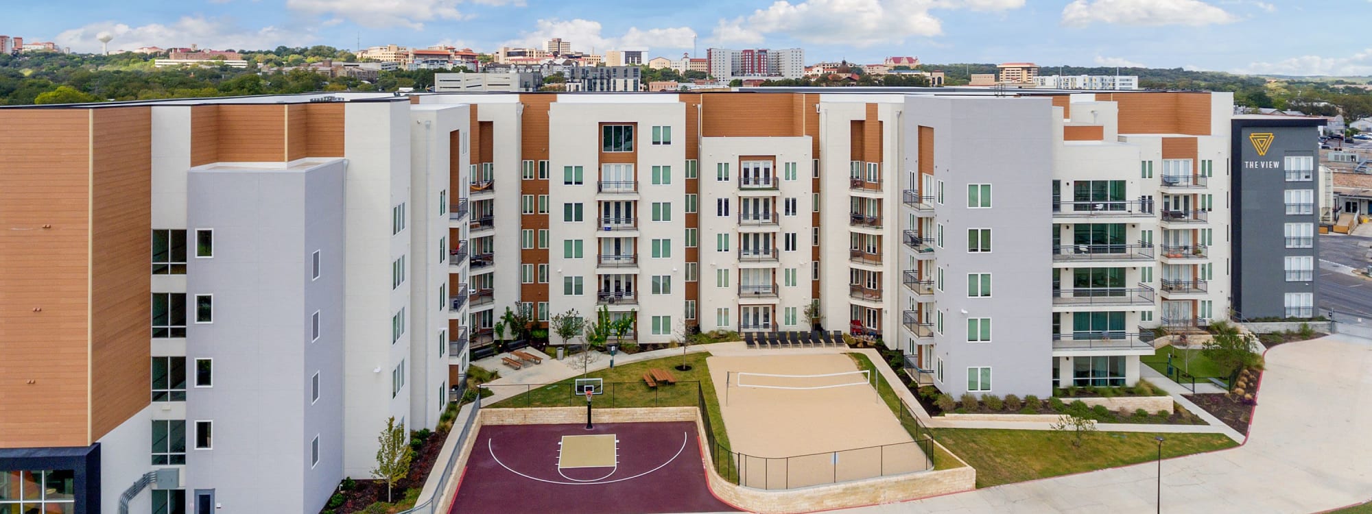 Aerial view of apartments at The View on the Square in San Marcos, Texas