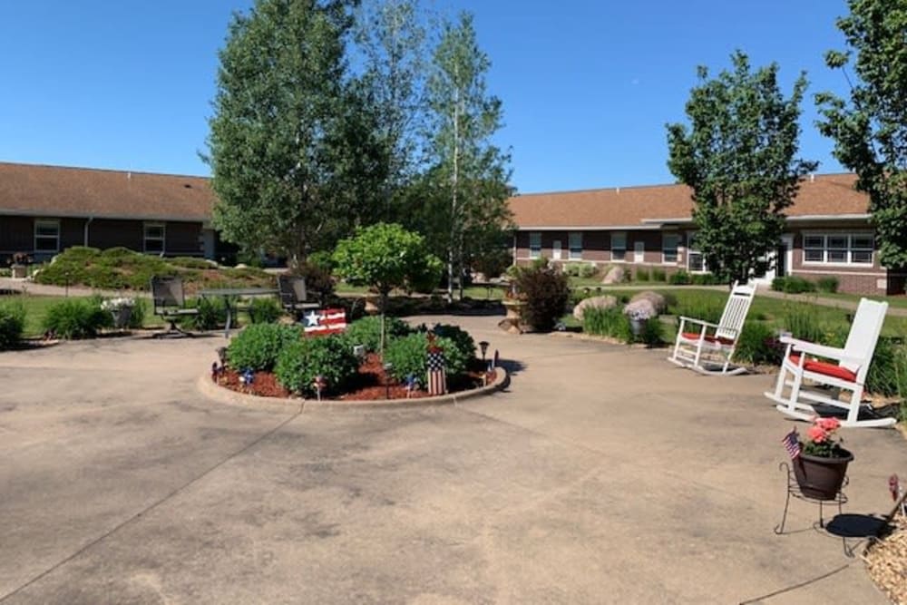 Rocking chairs in the courtyard at Prairie Hills in Clinton, Iowa.