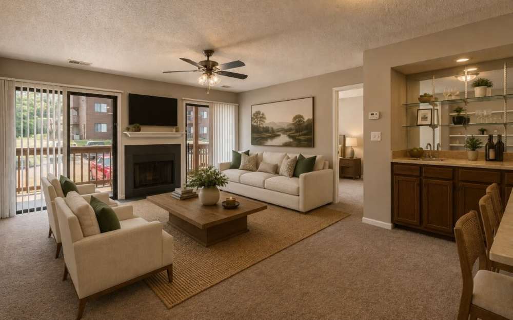 Beautiful living room at Riverwind Apartment Homes in Spartanburg, South Carolina. 