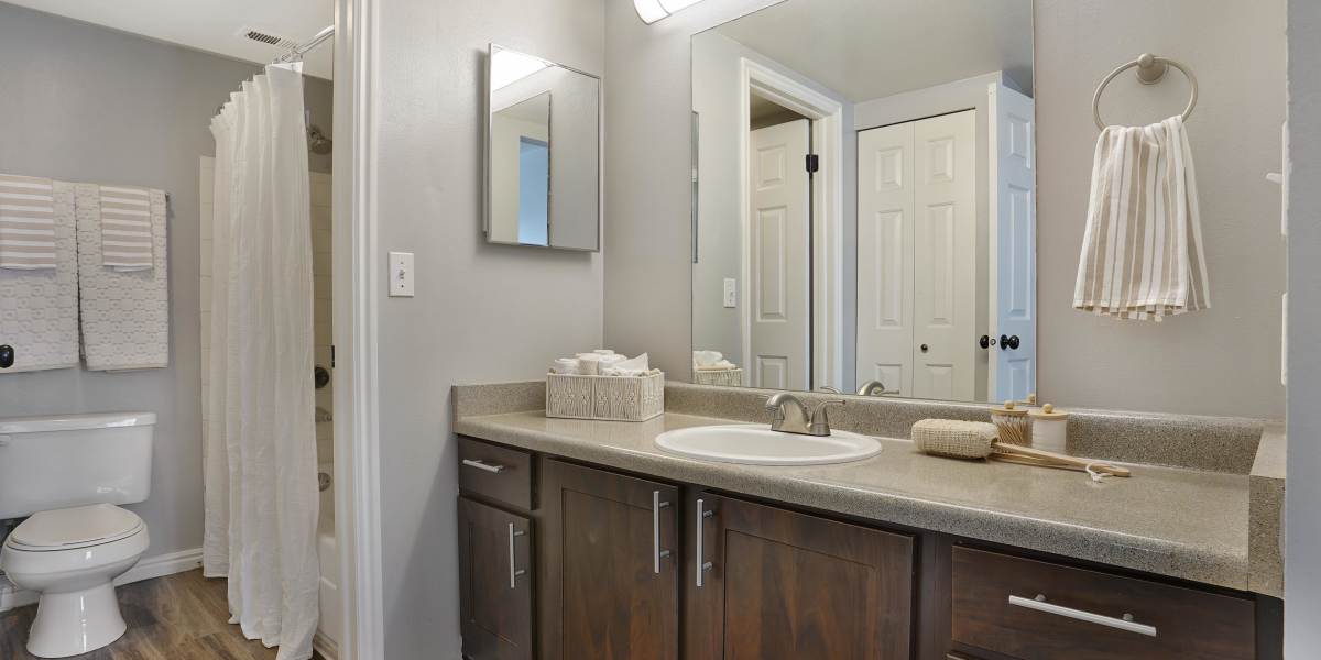 Large bathroom vanity with ample counter space at Royal Farms Apartments in Salt Lake City, Utah