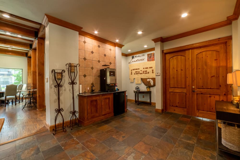 Coffee and refreshments area at Marquis at Lantana in Flower Mound, Texas