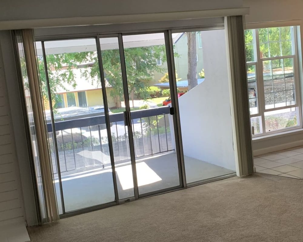 Doors out to the balcony at Redwood Plaza in Fremont, California