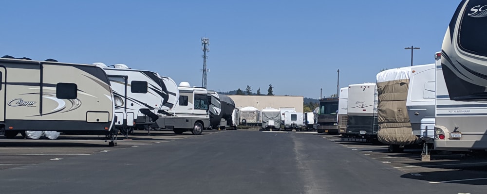 RVs parked for storage during the off season at Canby RV & Boat Storage in Canby, Oregon