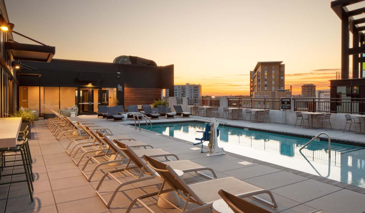 Views of the city from the roof-top pool at Venable Durham Apartments in Durham, North Carolina