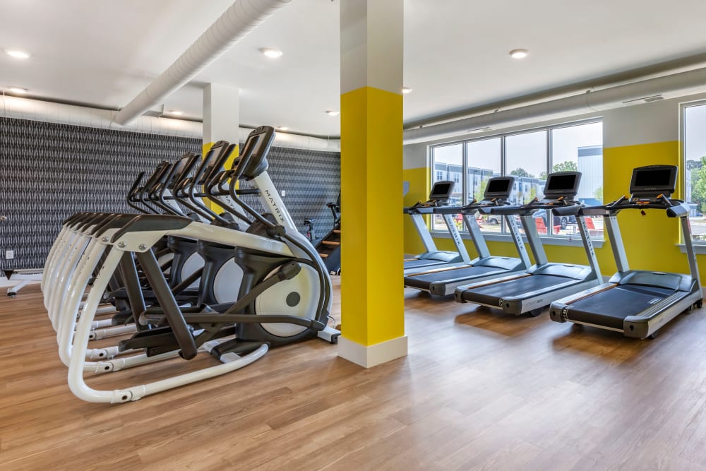 Well equipped fitness center at LATITUDE on Hillsborough in Raleigh, North Carolina