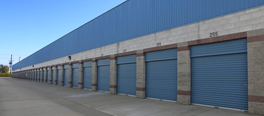 A row of drive-up storage units at A-1 Self Storage in Anaheim, California