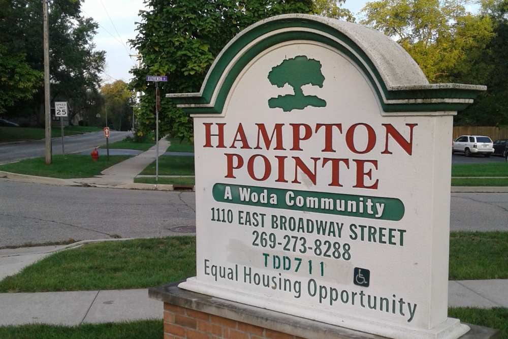 Entrance board at Hampton Pointe Senior Living in Three Rivers. MI
