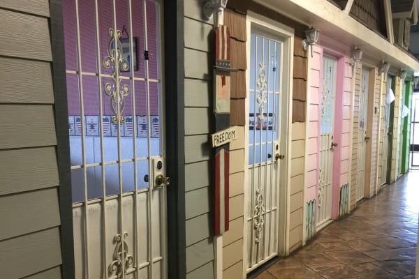 Dog kennel doors at University Pet Resort in Merced, California