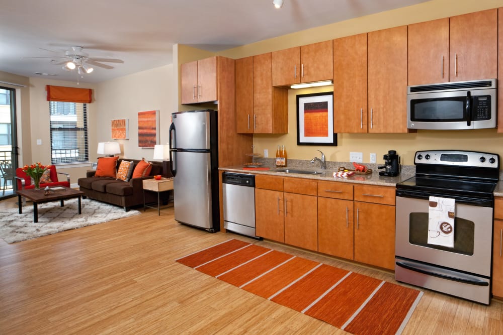 Fully equipped kitchen with stainless steel appliances and granite countertops at Cielo in Charlotte, North Carolina
