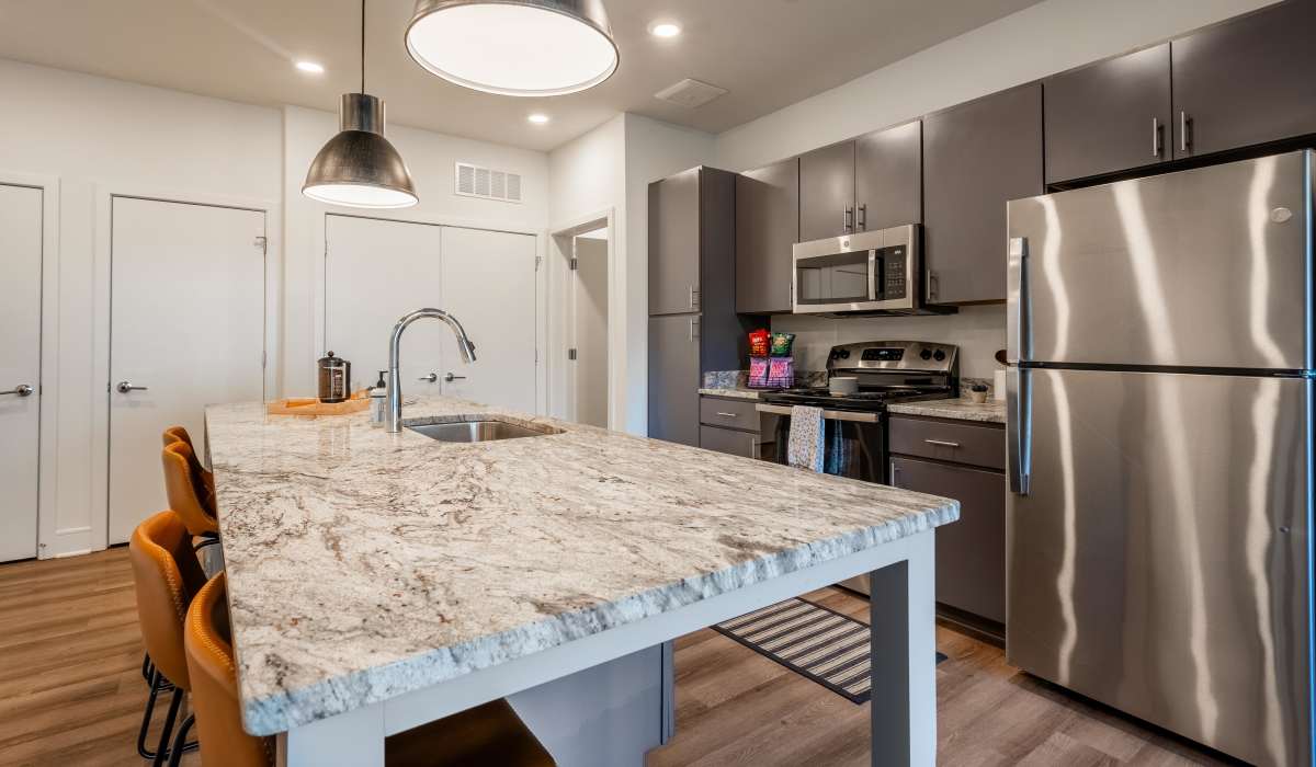 Stylish kitchen with stainless-steel appliances at 5 Row in Charlottesville, Virginia
