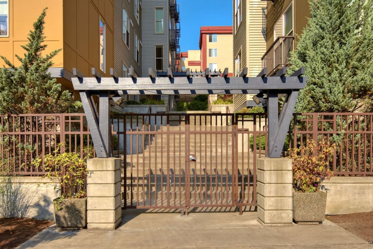 Secure entrance gate at Vantage Park Apartments in Seattle, Washington