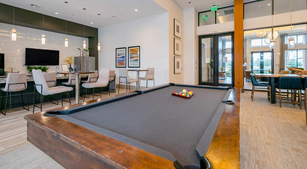 Modern clubhouse with billiard table with seating near NOVU New Forest in Houston, Texas