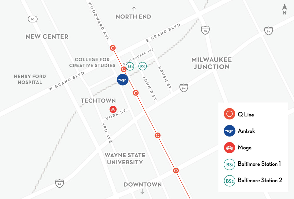 Map of the area around Baltimore Station in Detroit, Michigan