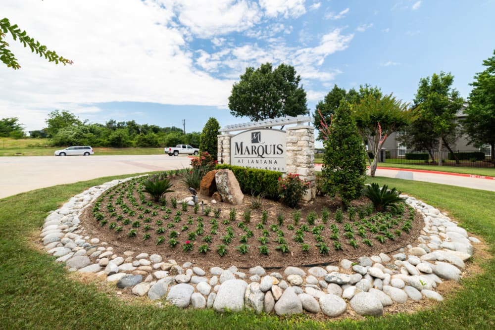 Property rock signage surrounded by plants at Marquis at Lantana in Flower Mound, Texas