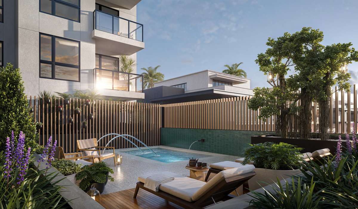 Swimming pool with small palm trees at Treehouse in San Diego, California