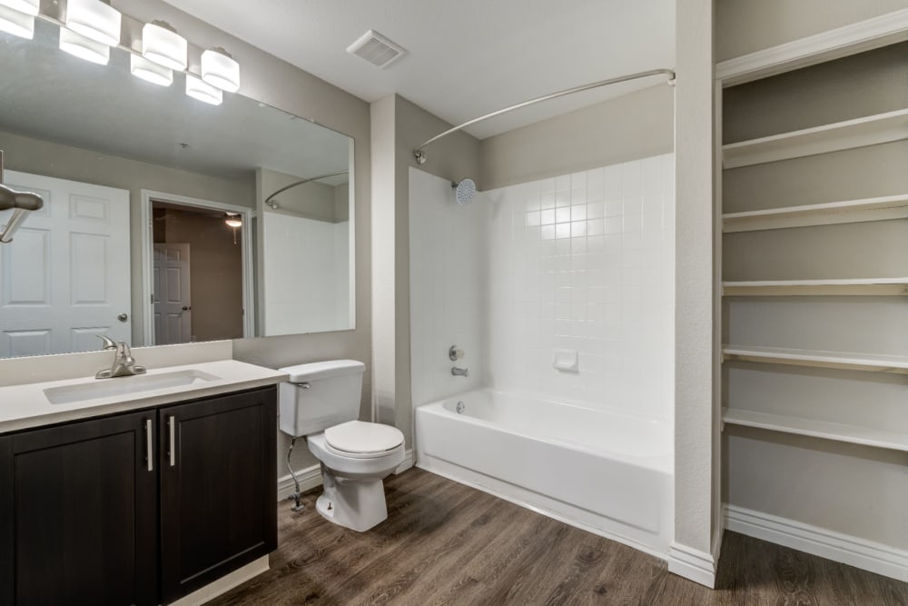 Large bathroom with high countertops, built-in shelving and storage space at Ashford Belmar in Lakewood, Colorado