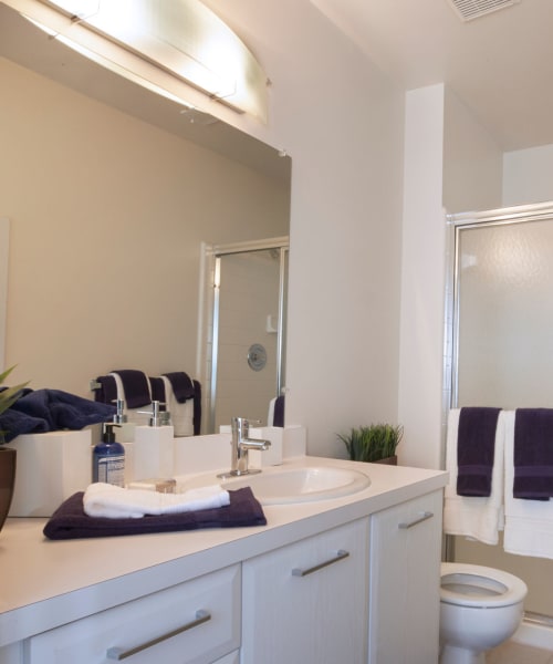 Bathroom with white cabinetry and a tub/shower combination at Lakeside Terraces in Sterling Heights, Michigan