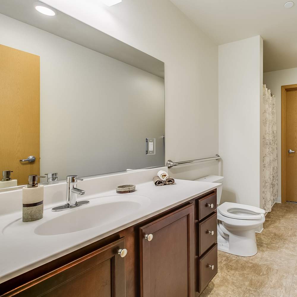 Bathroom with a large mirror and vanity setup at Chelsea Commons in Sugar Grove Illinois