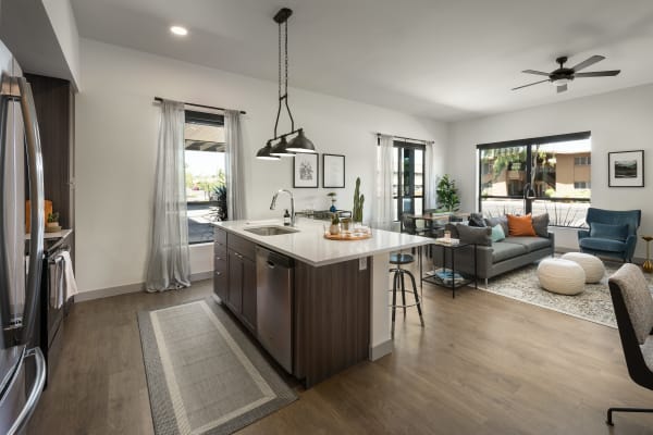 Contemporary kitchen with stainless-steel sink at The Astor at Osborn in Phoenix, Arizona