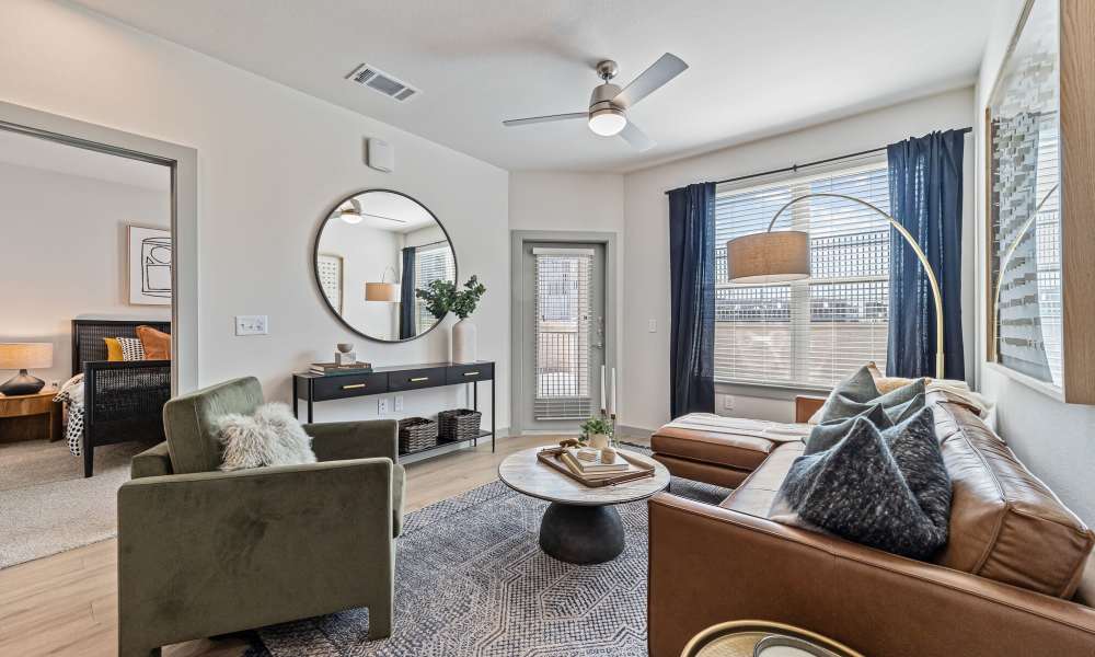 Living room with cozy furniture at Main and Mill in Lewisville,Texas