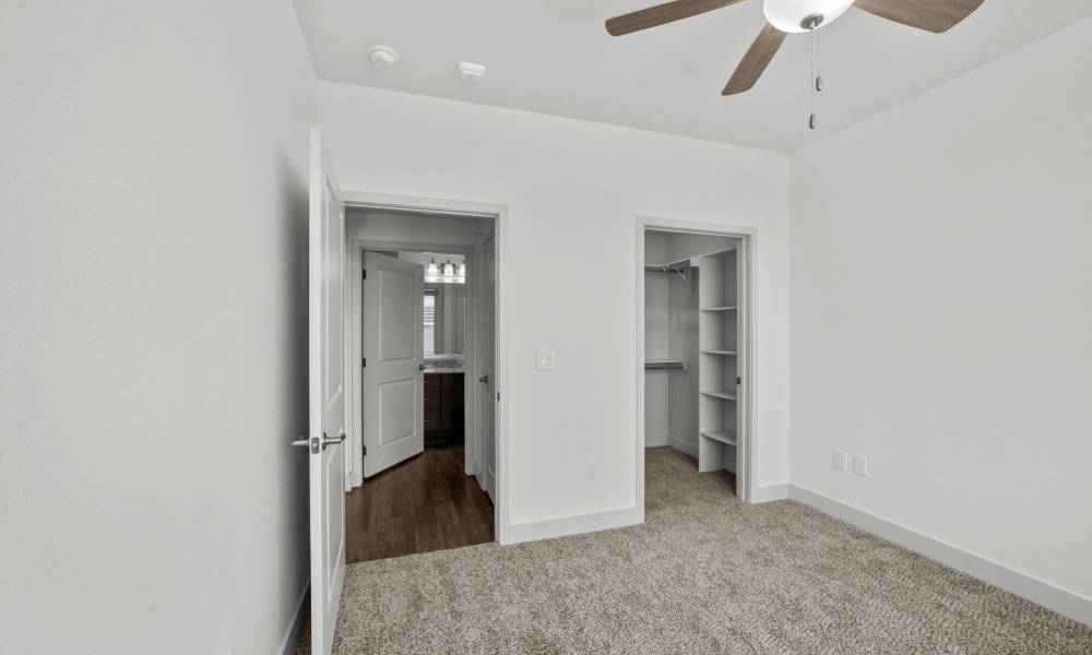 Spacious bedroom with ceiling fan,plush carpeting and walk-in closet at Brook Hollow in Wichita Falls, Texas