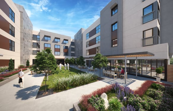 Beautiful resident courtyard at Westmont of Milpitas in Milpitas, California