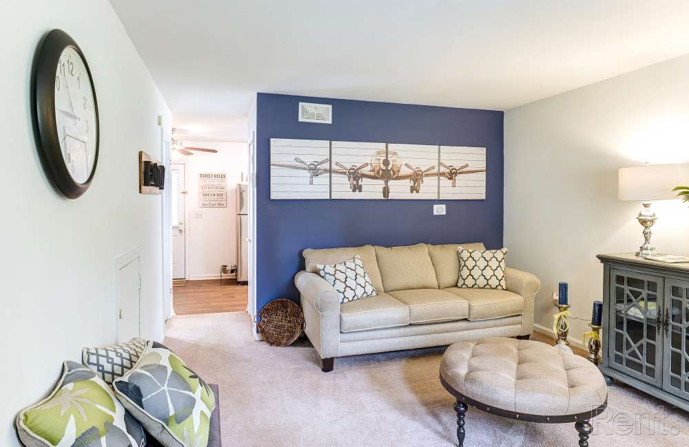 Cozy living room with modern decor and stylish accents at Avian Place Apartments in North Charleston, South Carolina